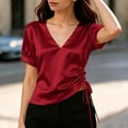 thumbnail image 4 of cocolona Womens Summer Satin Tops V Neck Short Sleeve Drawstring Side Slim Fit Shirt Trendy Casual Solid Color Blouses, 4 of 5