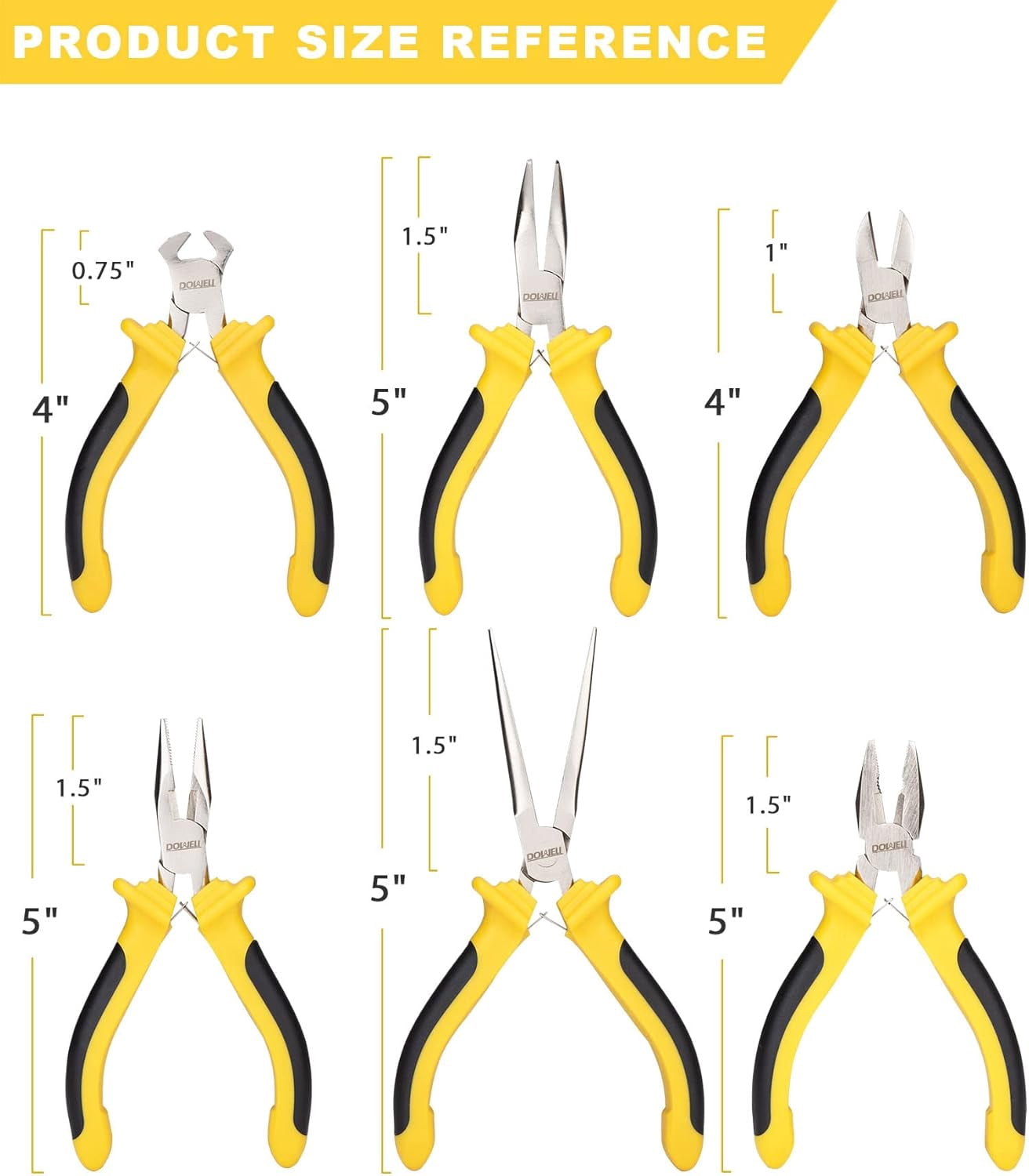 DOWELL 6-Piece Mini Pliers Set, Needle/Diagonal Long/Bent Nose End Cutting and Linesman for Making Crafts Repairing Electronic Devices with Pouch