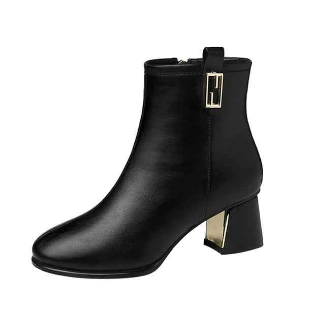 NECHOLOGY Botas Mujer Zapatos Botines mujer mujer Color sólido Otoño Invierno tacones cuadrados cremallera botines cortos interior polar mantener caliente zapatos de punta redonda (Black, 7.5)