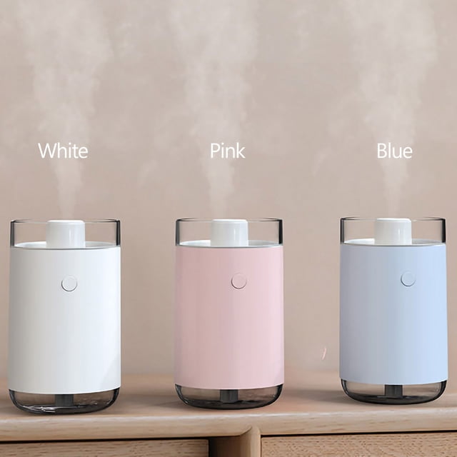 Himalayan Crystal Salt Stone Humidifier with a 260mL capacity, shown in three color options: white, pink, and blue. This portable, quiet USB essential oil diffuser features a cool mist function, 7 color-changing LED lights, and a salt stone lamp for air purification. Ideal for use in home, office, bedroom, or car.