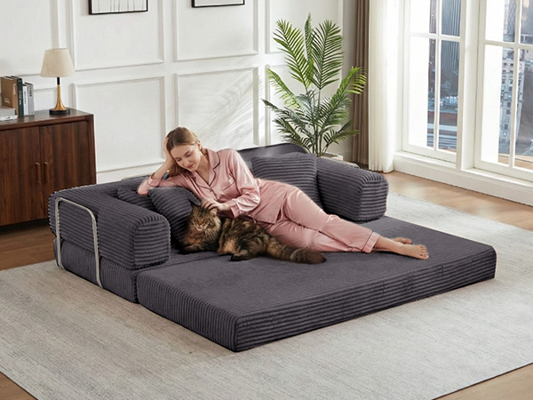 Gewnee Dark Gray 2-in-1 Convertible Corduroy Sofa Bed with High-Density Sponge No Assembly for Apartment Dorm Office