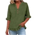 thumbnail image 4 of Tweang Linen Blouse Roll Up Short Sleeve Loose Fit V Neck Ladies Blouse 3/4 Sleeve Boho Side Slit Tops for Women Solid Color Tunic Tops Loose Gauze Tunics Bohemian Tops for Women Green S, 4 of 6