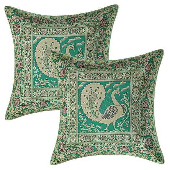 Stylo Culture Ethnic Bohemian Brocade Emerald Green And Gold Throw Pillow Covers 16x16 Jacquard Weave Banarsi Sofa Indian Decorative Pillows Dancing Peacock Floral 40x40 cm Cushion Covers (Set Of 2)