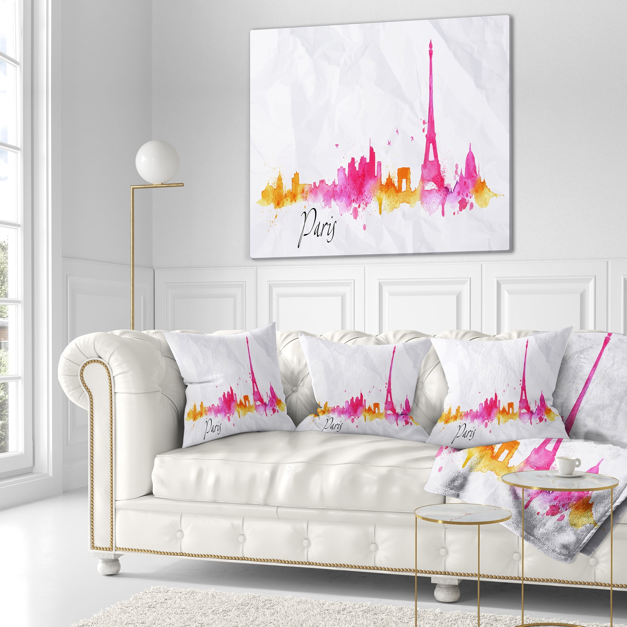Designart Paris Pink Silhouette - Cityscape Painting Throw Pillow - 16x16
