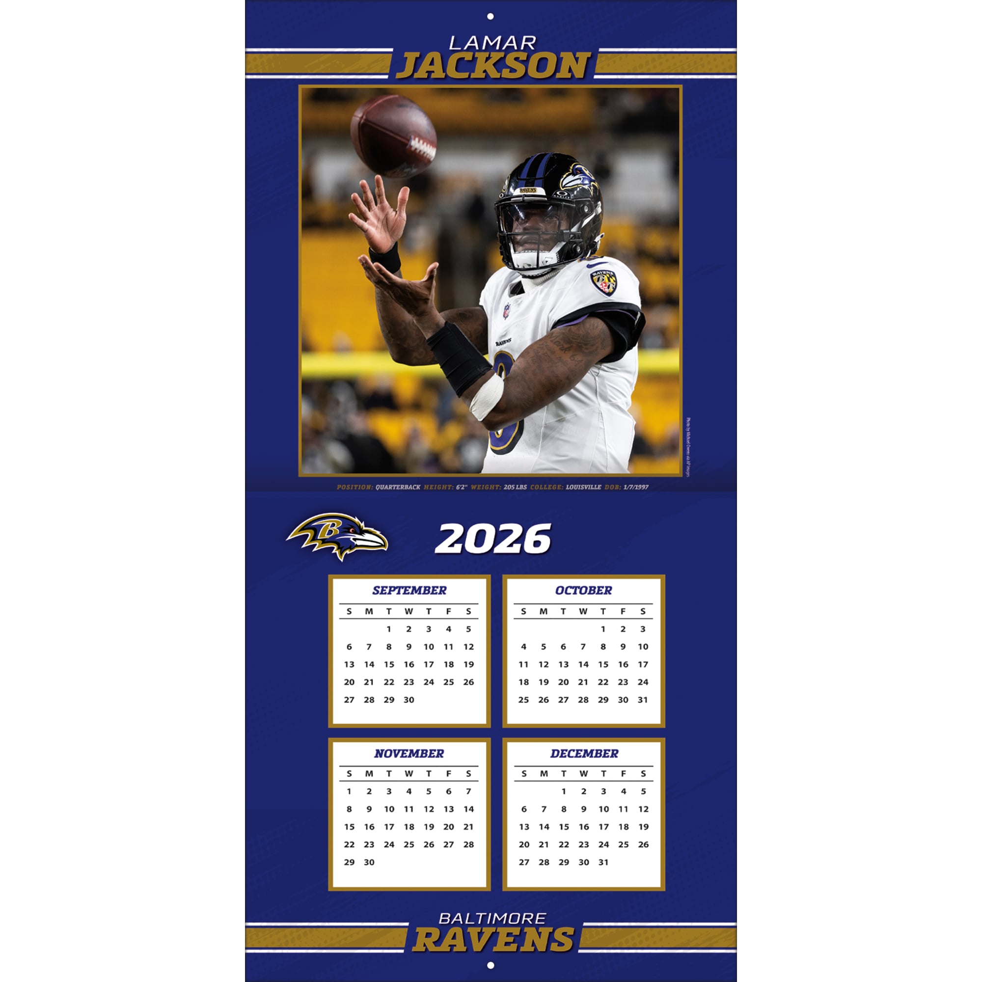 2027 Baltimore Ravens Lamar Jackson, 12x12 Team Wall Calendar, 12"x12", Multicolor