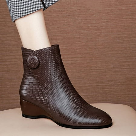 

HHH Spring Autumn and Winter New Mother Leather Boots 2023 Wedge Soft Leather Side Zip Short Boots round Toe Heighten Soft Bottom Women s Shoes
