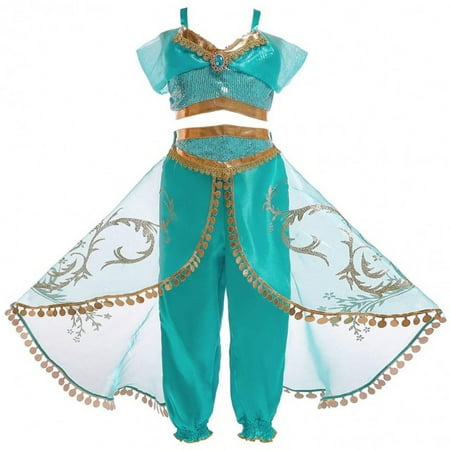 Little Girls Aladdin's Jasmine Princess Cosplay Dance Dress Up Halloween Fancy Costumes Anime Lamp Adventure Outfit Blue