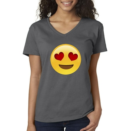 New Way 302 - Women's V-Neck T-Shirt Emoji Heart Eyes Smiley Face Medium Charcoal