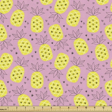Pineapple Fabric by the Yard Upholstery, Rhythmic Tropical Fruit Hearts Pop Art Style Motifs Illustration Pattern, Decorative Fabric for DIY and Home Accents, 10 Yards, Pale Pink Yellow by Ambesonne