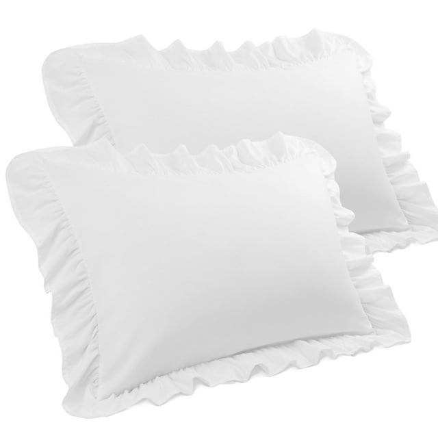 PiccoCasa Taies d'Oreiller en Microfibre à Volants 2 Pcs avec Enveloppe Blanc Queen