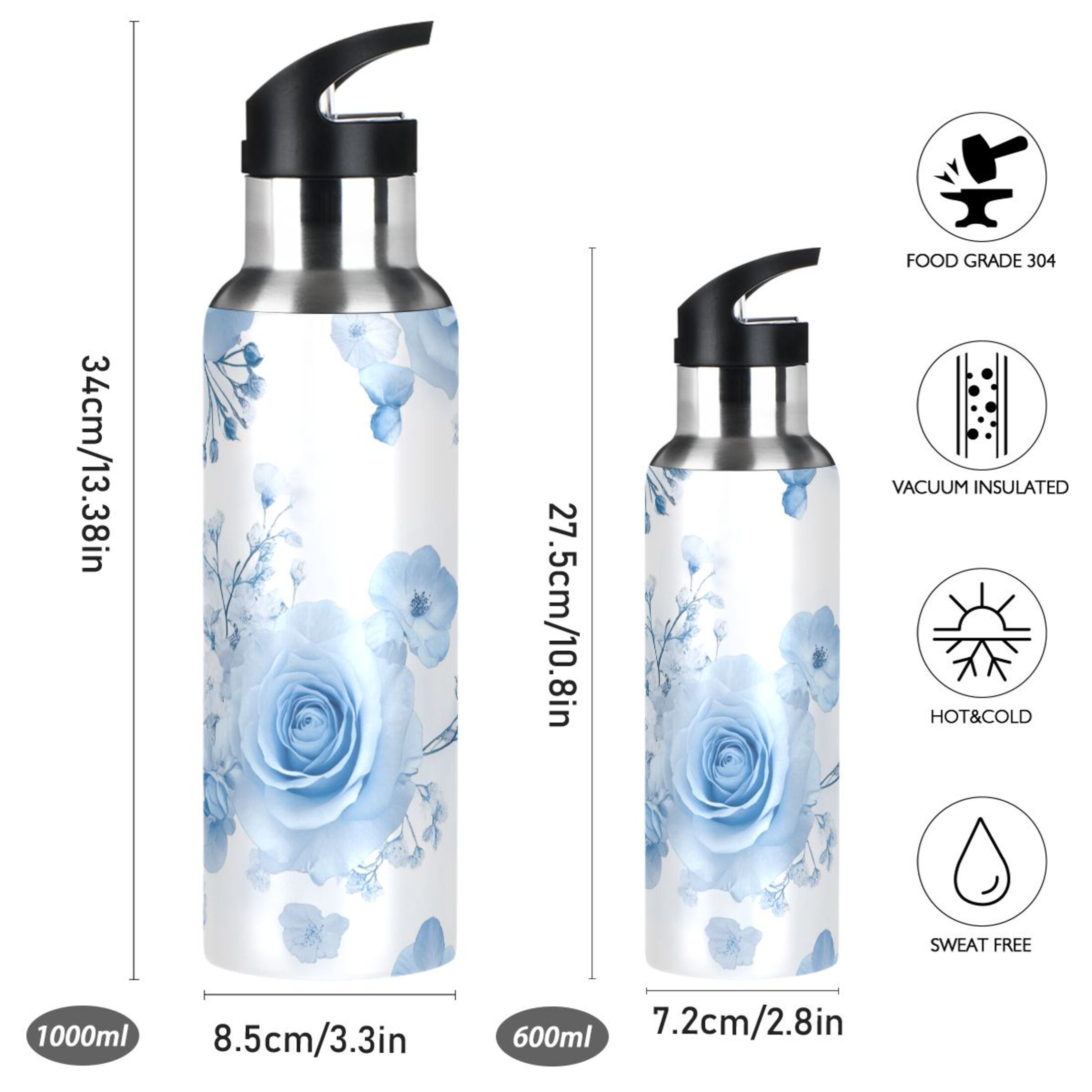 Babysbreath and Blue Roses Sports Bottle with Straw Stainless Steel Water Jug Portable Thermal Cup Leak-proof 1000ML