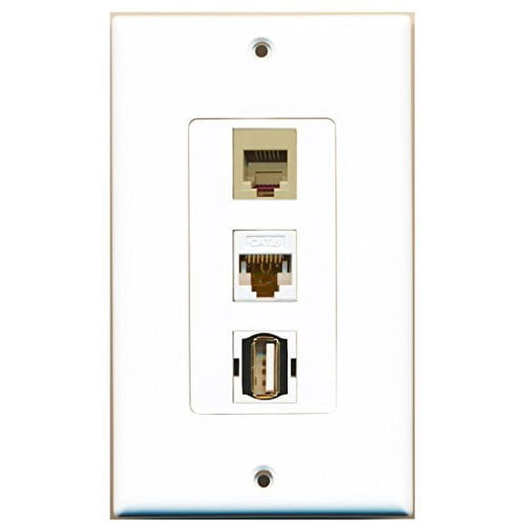 RiteAV - 1 Port USB A-A and 1 Port Phone RJ11 RJ12 Beige and 1 Port Cat6 Ethernet White Decorative Wall Plate Decorative