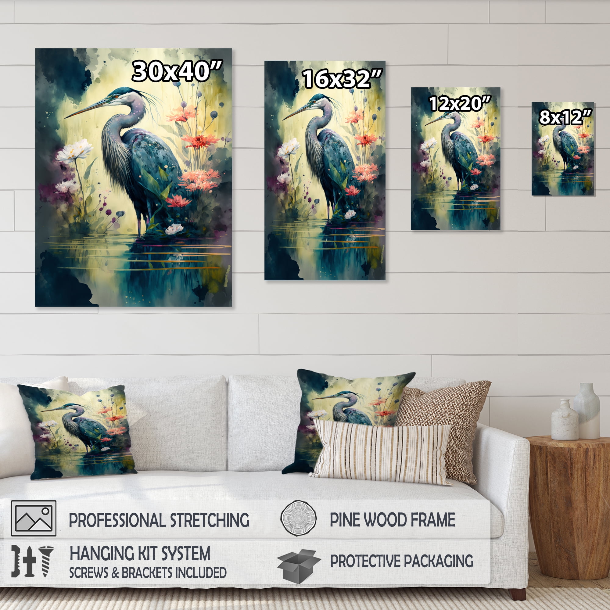 Designart Cute Heron Floral Art I Canvas Wall Art
