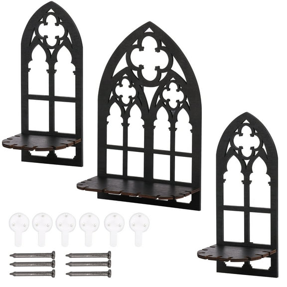 3 Pcs Moon Shelf Crystal Display Case Crystal Display Shelf Window Shaped Floating Shelves Gothic Crystal Shelf Decorative Wall Candle Holder for Wall Decor Home Decor Black