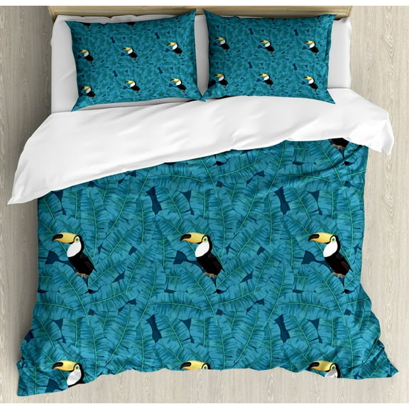 Banana Leaf King Size Duvet Cover Set, Blue Eyed Ramphastos Toucan Bird in Paradise Green Palm Leaf, Decorative 3 Piece Bedding Set with 2 Pillow Shams, Petrol Blue Black and Yellow, by Ambesonne