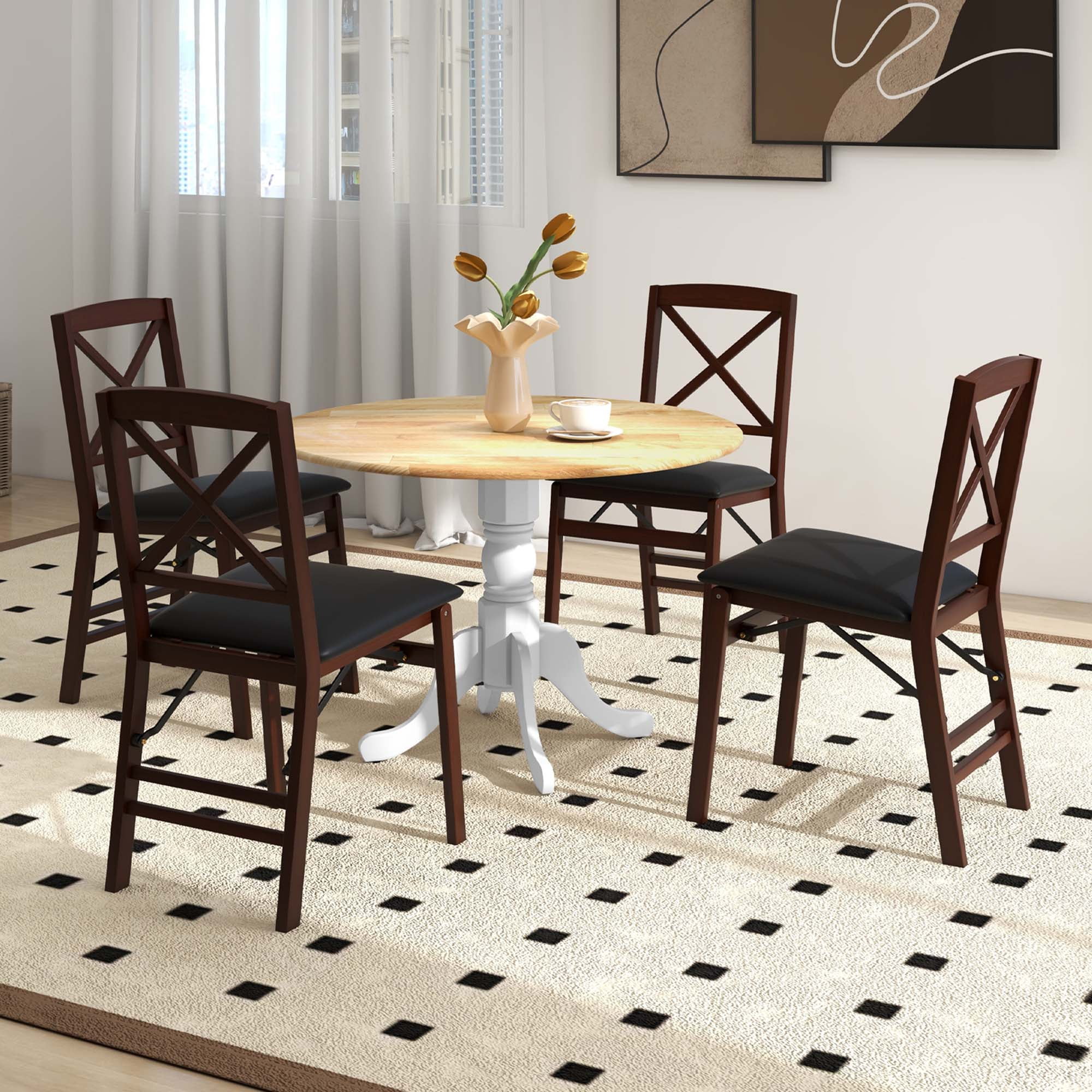 Costway 4-Person Dining Table Wooden Kitchen Table with Solid Rubber Wood Frame for Kitchen White&Natural