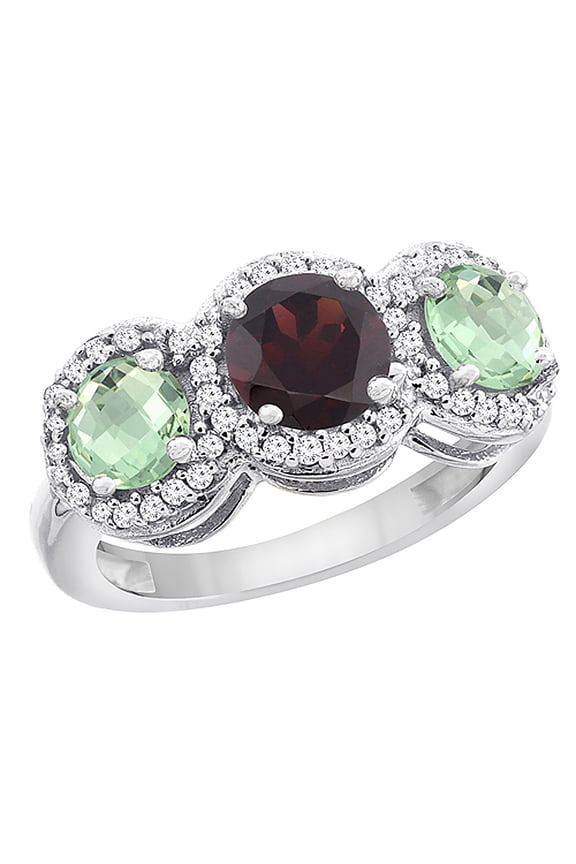 14K White Gold Natural Garnet & Green Amethyst Sides Round 3-stone Ring Diamond Accents, size 5