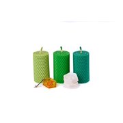 Beeswax Gifts Green Set. 3 Pillar 100% Beeswax Candles with Natural Honey Scent Size 3,3 x 1,8 in (8,5 x 4,5 cm) and Honeycomb Charm (Shades of Green)