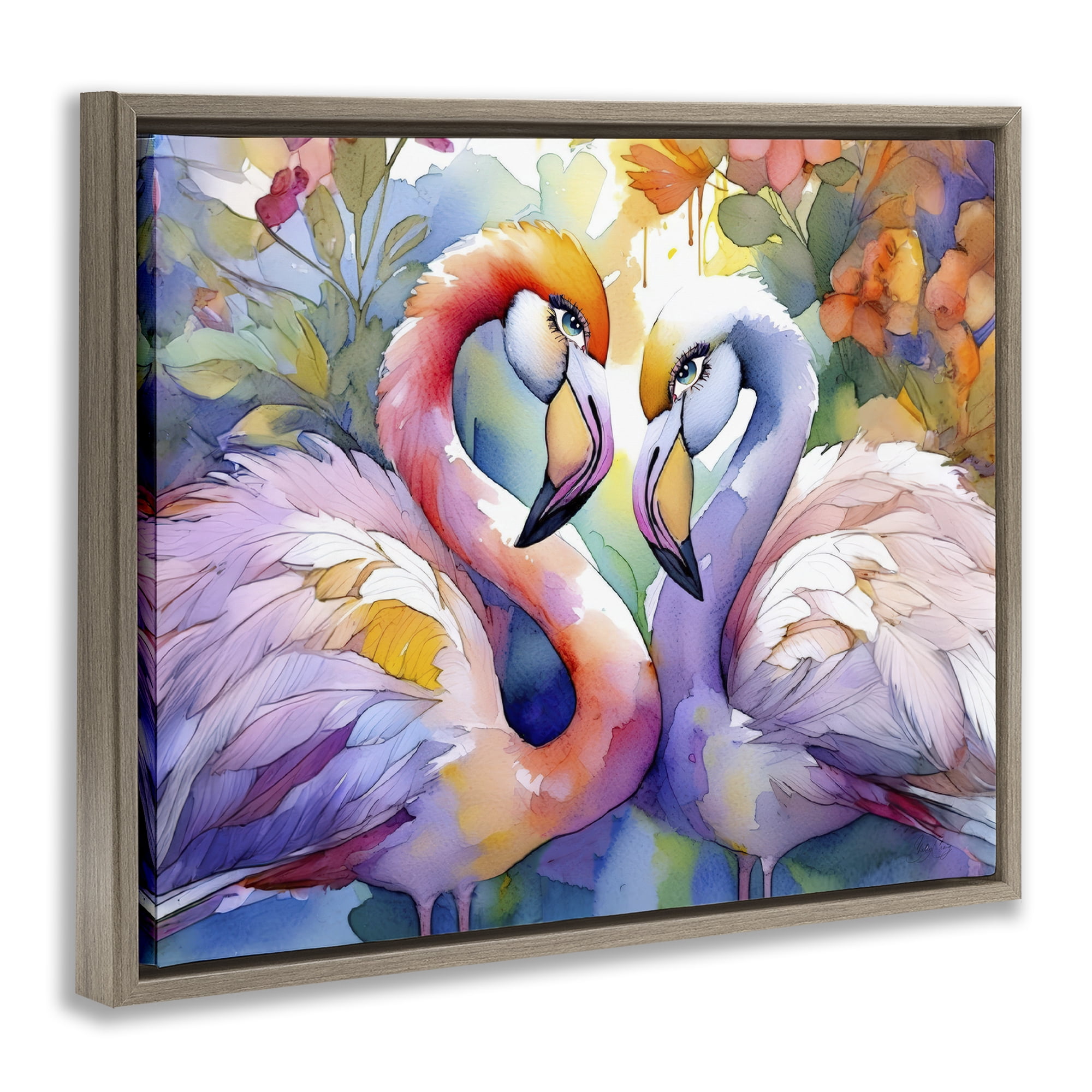 Stupell Industries Flamingo Love Pair Brown Framed Floater Canvas Wall Art, design by Shelly Craig