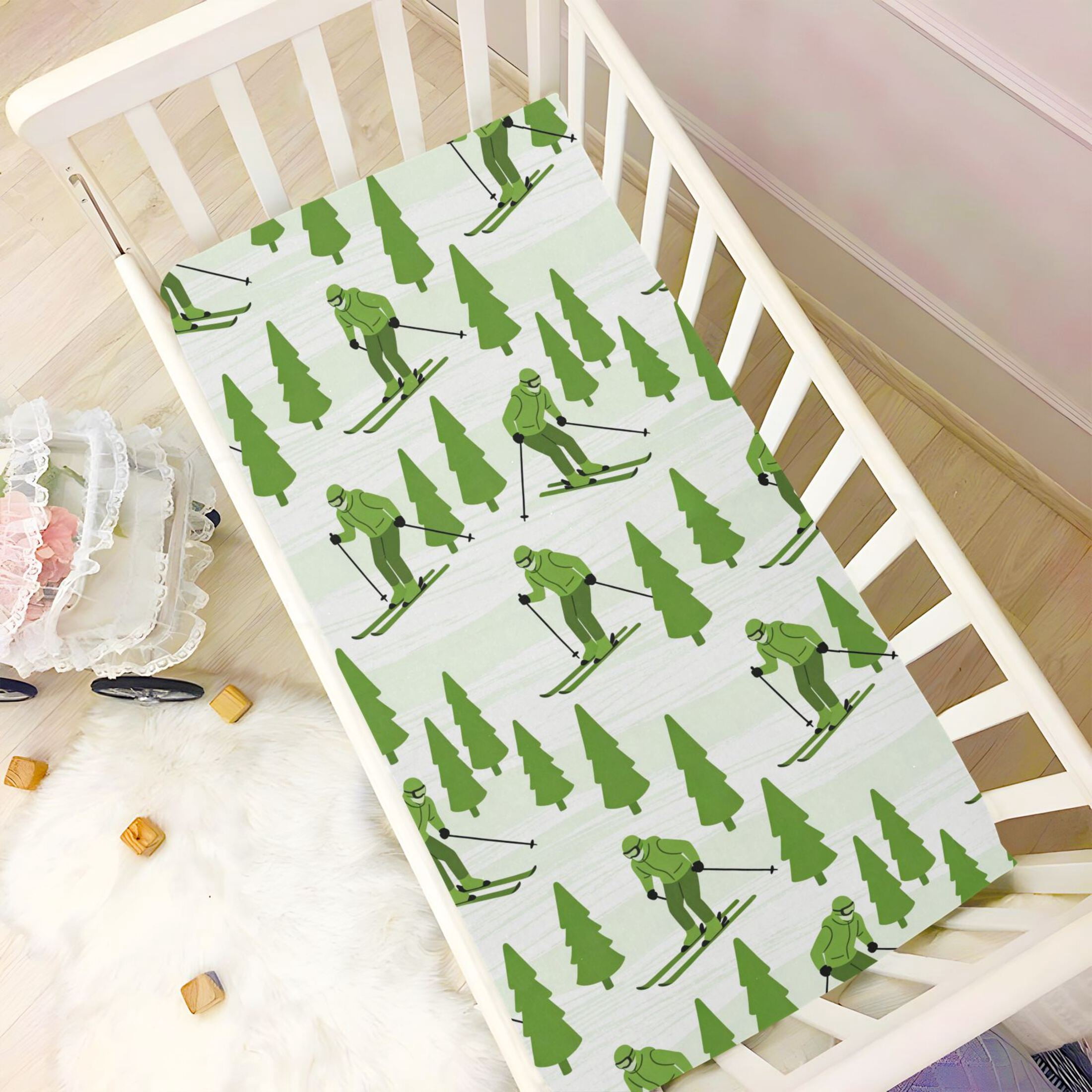Baby Essentials 52”x 28”- Standard Cotton-like Modal Elastic- Green Skiing Design Crib Sheets for Newborns and Toddlers