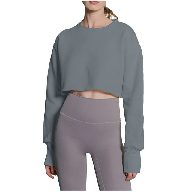 AherBiu Hauts Courts pour Femmes à Manches Longues d'Automne, T-Shirts à Col Rond, Épaules Tombantes, Confortables, Rembourrés, Chauds