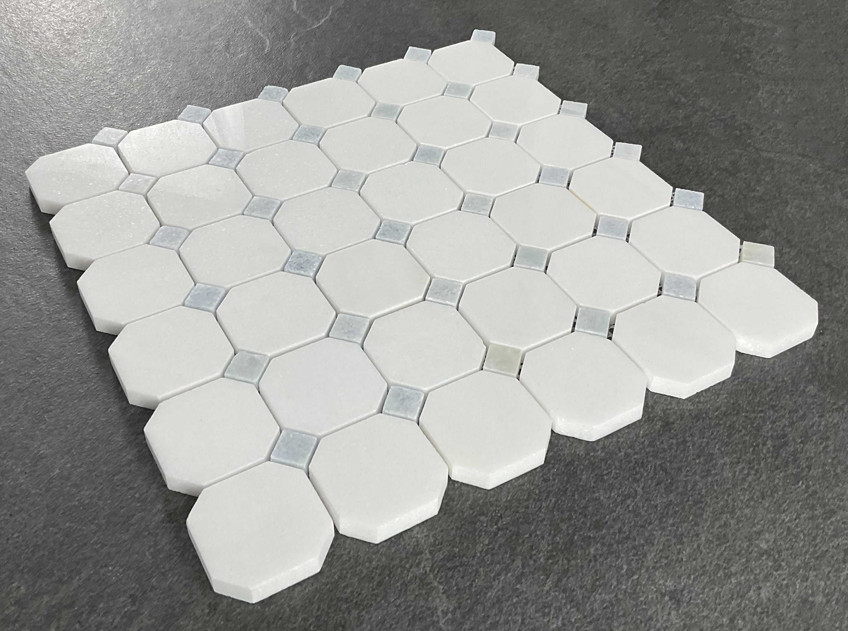 10-Pieces of Thassos White Octagon and Blue Celeste Dot Marble Mosaic Tile