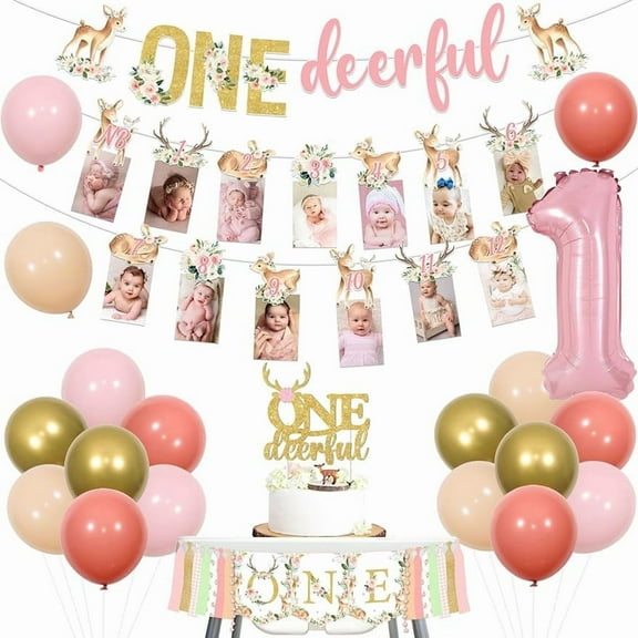 JOYMEMO Deer 1st Birthday Decorations for Girl, Pink Boho One Deerfull Banner Cake Topper, Deer Theme 1st Birthday High Chair Banner, Monthly Photo Banner, Woodland Animal First Bday Party Supplies