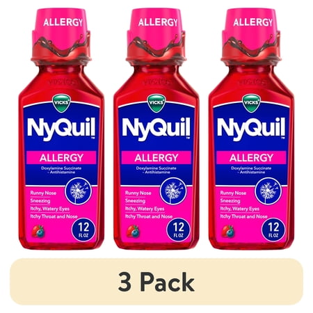 (3 pack) Vicks NyQuil Allergy Liquid, Nighttime Allergy Medicine for Adults, Berry, 12 fl oz