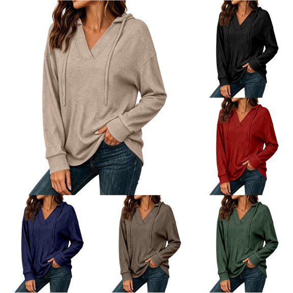 XIAONU Womens V Neck Solid Hoodie Loose Gym Errands Long Sleeve Pullover Top