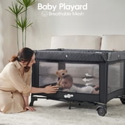Pamo Babe 4-in-1 Baby Playard with Bassinet & Changing Table for Newborn,Grey