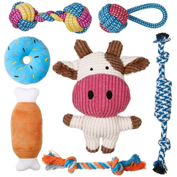 Toozey Cute Cow Puppy Toys, Plush Squeaky and Ropes Dog Toys, 7 Pack