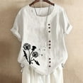 thumbnail image 2 of WREESH Womens Cotton Linen Shirts Summer Casual Round Neck Short Sleeve Printing Loose Shirt Tops White, 2 of 4