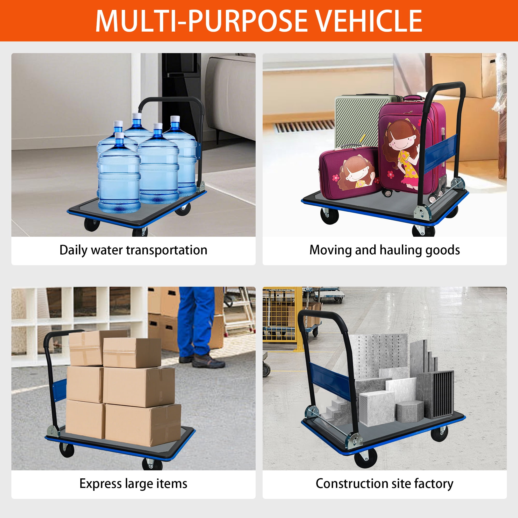 Garge Utility Cart, 660lbs Heavy Duty Capacity Platform Hand Truck 360 Degree Swivel Wheels Foldable Push Hand Cart for Loading and Storage, Warehouse