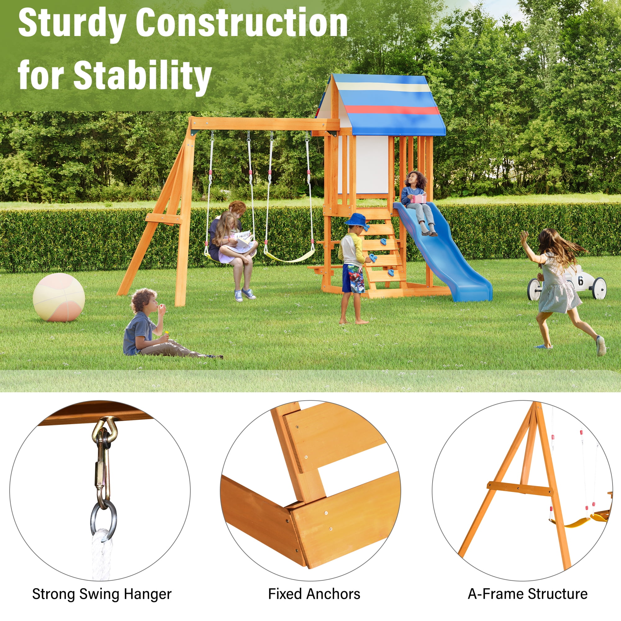 Wooden Outdoor Swing Set 3 in 1 Swing Set outdoor Children's Playset with Slide , 2 Swings and Climber for Garden, Backyard and Playground