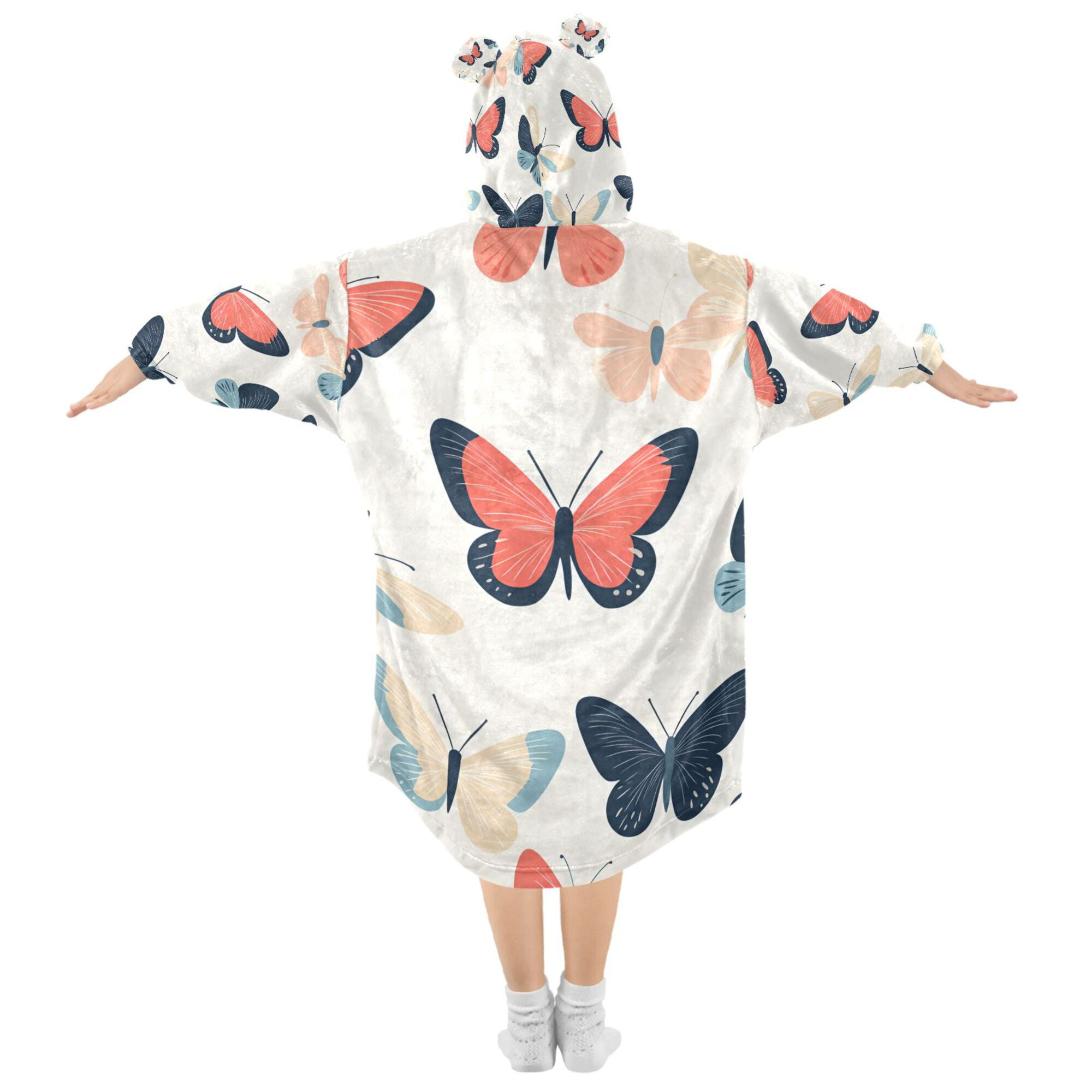 FORMRS Wearable Blanket Hoodie with Sleeves for Kids Cozy Flannel Sweatshirt, Beige Butterflies