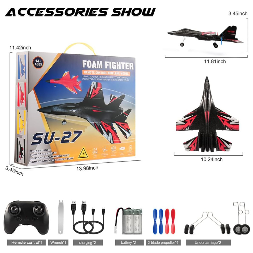 Roofworld RC Plane SU27 2.4G Remote Control with LED Lights for Children and Adults