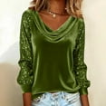 thumbnail image 2 of Lenpel Velvet Tops for Women Sparkly Long Sleeve Cowl Neck Sequin Patchwork Velour Blouses Glitter Party Shirts(Army Green,XX-Large), 2 of 5