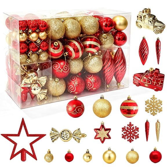 Godance 102 Pcs Christmas Ball Ornaments for Christmas Tree Decorations | Colorful Shatterproof Plastic Baubles with Hanging Strings for Xmas Tree, Holiday, Wedding & Party Decor, Red & Gold