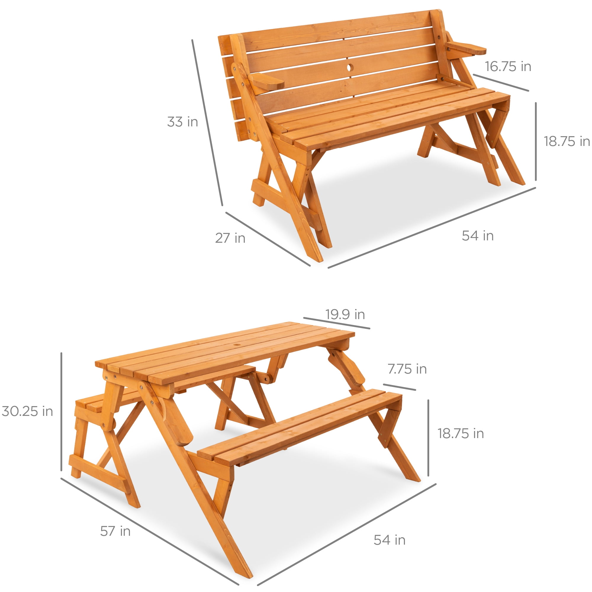 Best Choice Products 2-in-1 Outdoor Interchangeable Wooden Picnic Table/Garden Bench for w/ Umbrella Hole - Natural