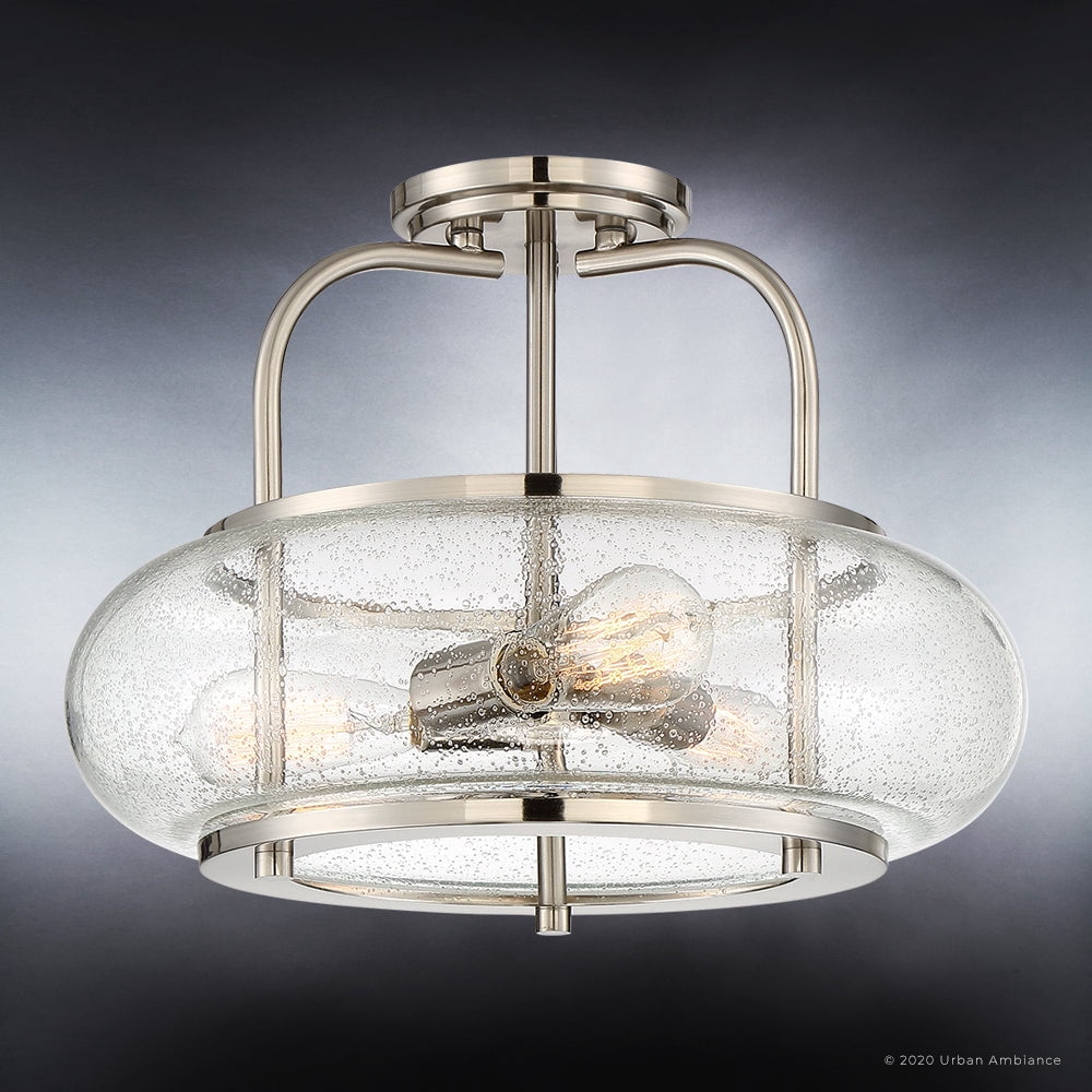 Luxury Utilitarian Indoor Ceiling Light, 12.00''H x 16.00''W, with Coastal Style Elements, Nautical Design, Brushed Nickel Finish and Clear Seeded Glass, UQL3310