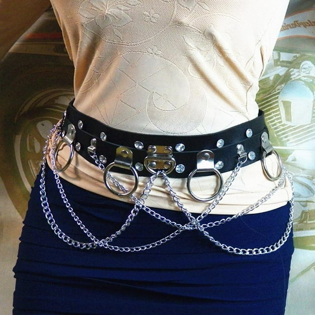 Correa de Cintura de Cuero Artificial con de Cadena Metal Estilo Punk Acesorios Decorativos para Vestido, Blusa , Suéter Negro Macarena Cadena del cuerpo de la correa de cintura gótica