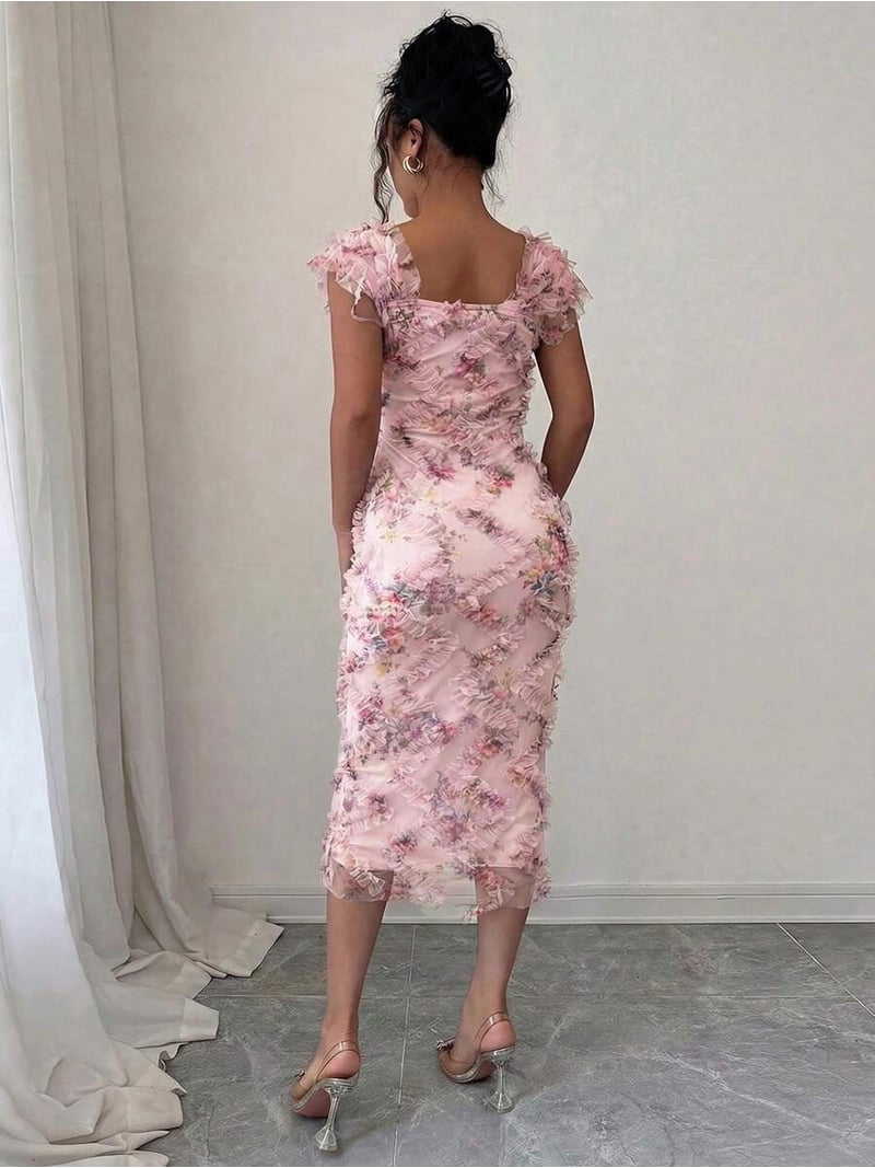 mesh ruched midi dress Trina SEROYA scale floral print as it shapes this flirty dress with adjustable spaghetti straps that support a straight neckline and a fitted bodice Trina Mesh Ruched Midi Dress