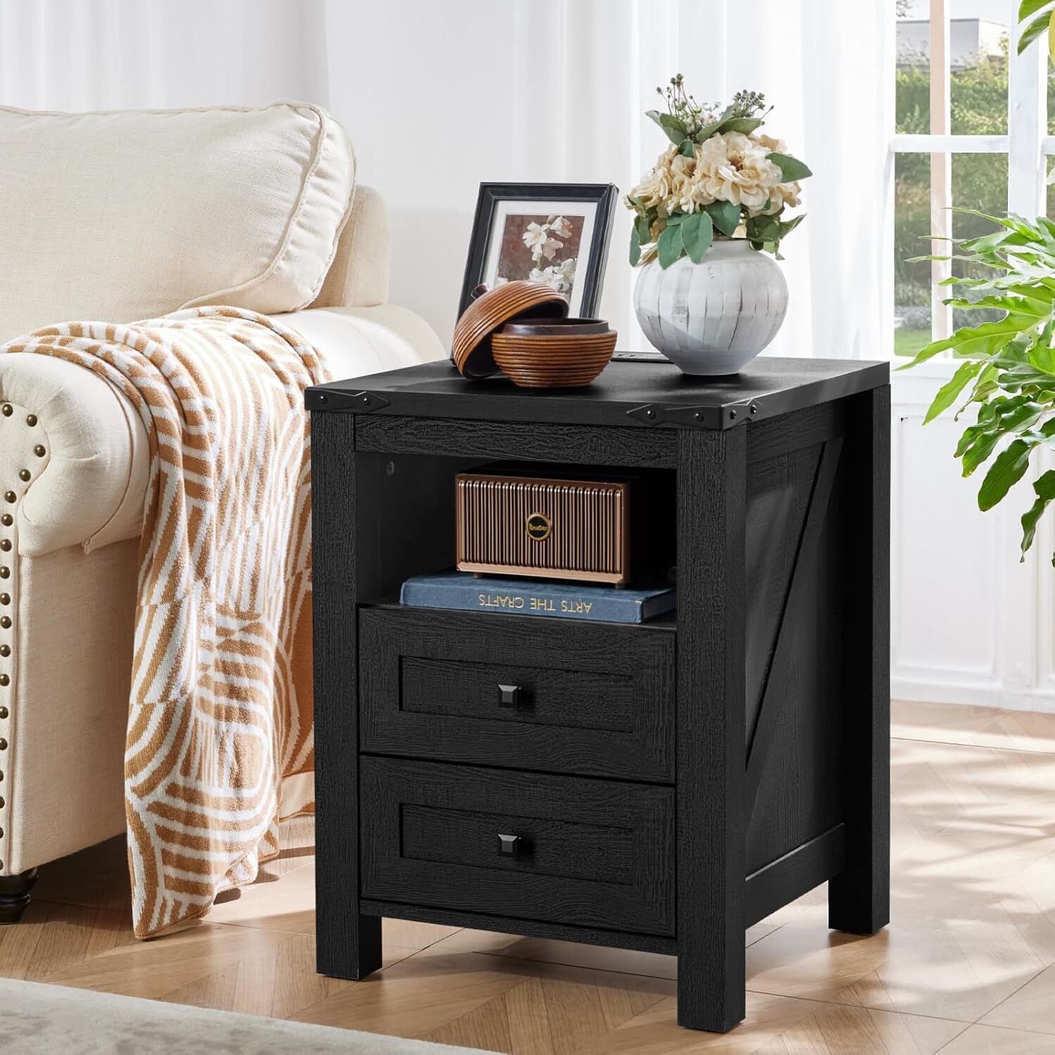Joaxswe Nightstand with Charging Station Set of 2, 18"Wide Bedside Table with 2 Drawers & Open Shelf, Wood End Table with Storage & Metal Handle for Bedroom, Black