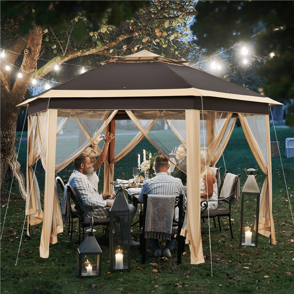 Alden Design Hexagonal Pop up Gazebo with Metal Frame and Mesh Netting, Khaki/Brown