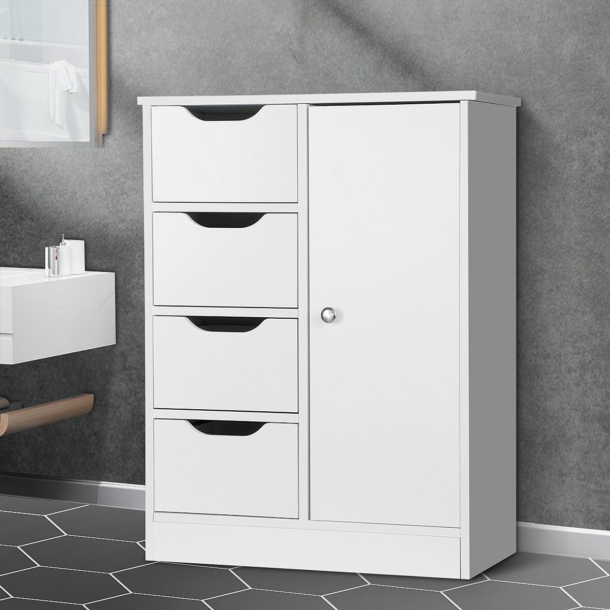 NEW BOXED BATHROOM STORGE CABINET CUPBOARD STAND WHITE WOODEN DOOR 4 DRAWER UNIT 