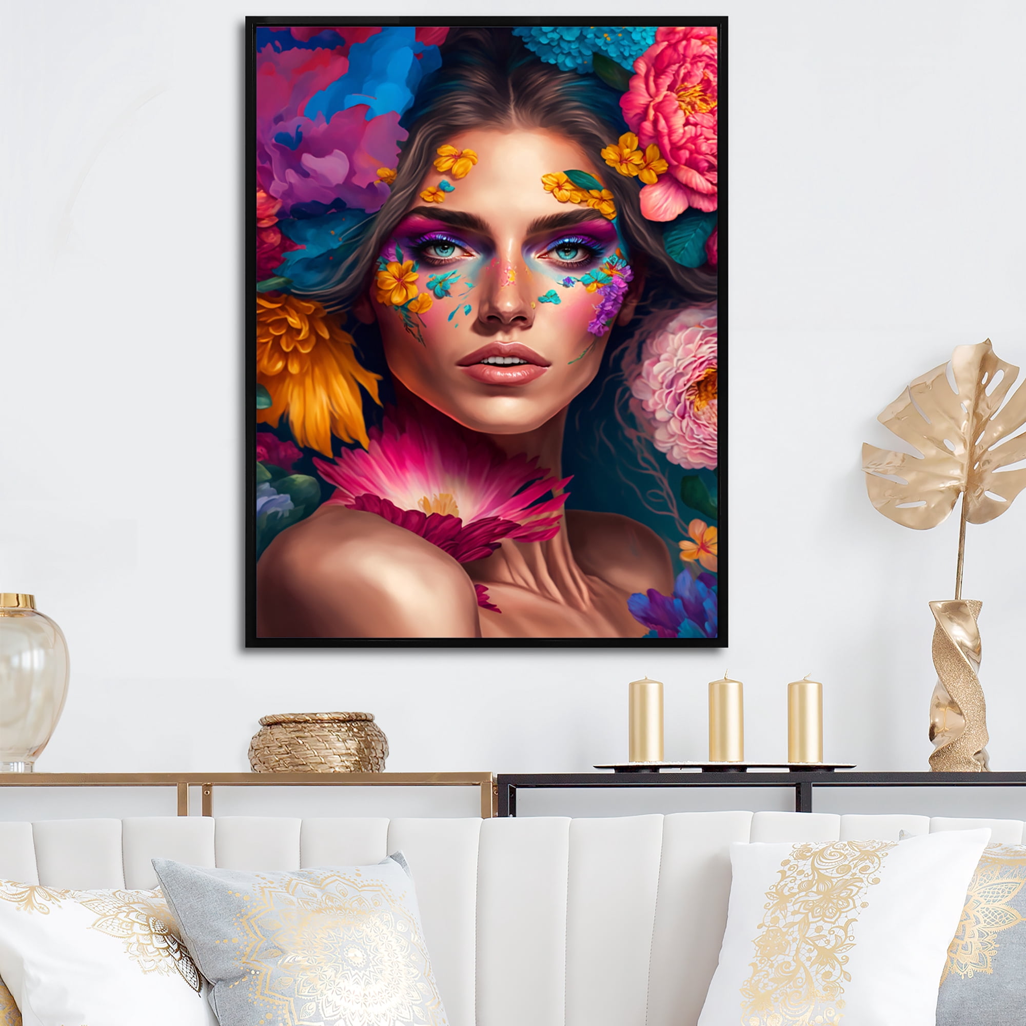 Designart Floral Sensual Woman Portrait IV Floating Frame Wall Art