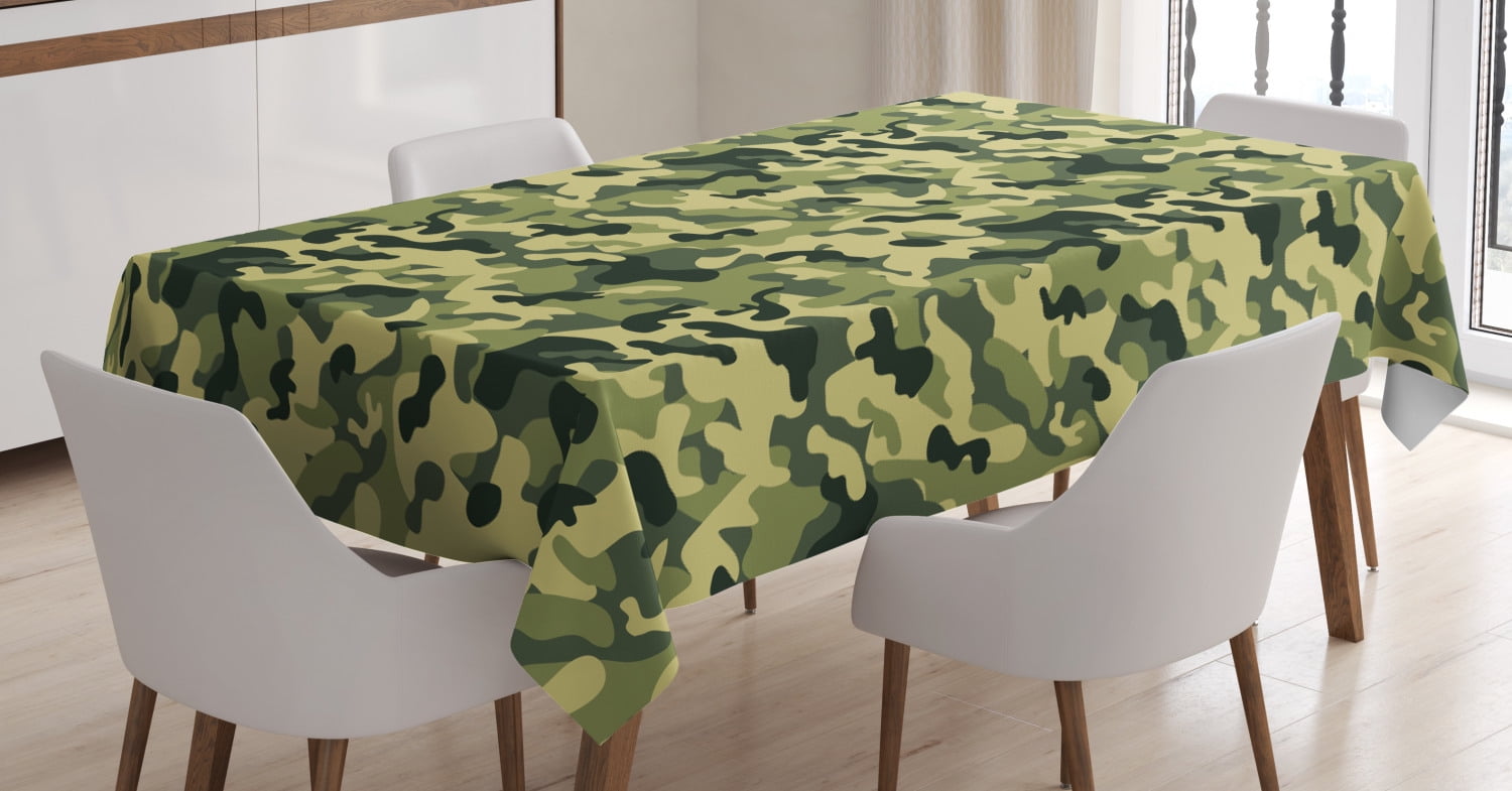 Camouflage Tablecloth, Army Clothing Motif with Pale Color Splashes