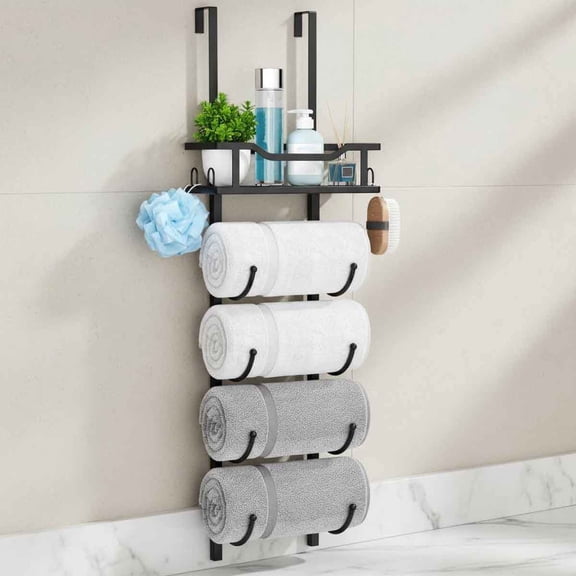 Over The Door Towel Rack - 6 Tier Towel Racks for Bathroom, Towel Holder with Shelf, Hanging Rolled Towel Storage Organizer for Bathroom, Camper, RV, Black