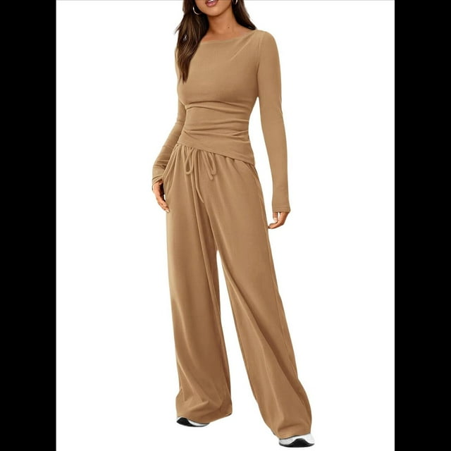 Conjuntos de Dos Piezas para Mujer: Camiseta Asimétrica de Larga, Pantalones Anchos y Chándal Informal. Caqui S