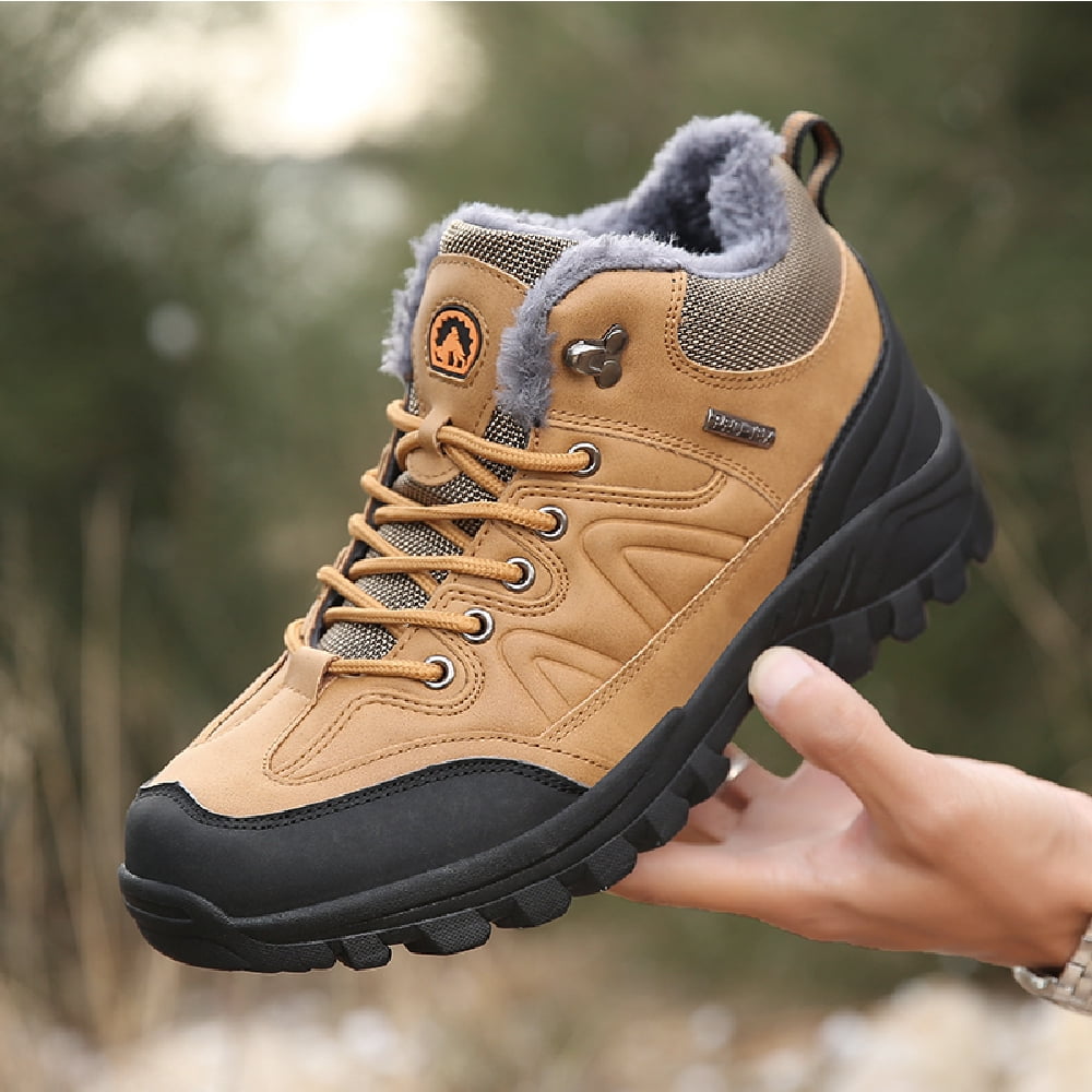 Mens Hiking Snow Boots Padded Warm Cotton Shoes Non-slip Lightweight Sneakers Waterproof Fur Lined Bare Boots Brown 10.5 UK
